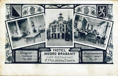 76798 Collage van gezichten op het Hotel Noord-Brabant (Vredenburg 3) te Utrecht:- café- voorgevel van het hotel- restaurant.